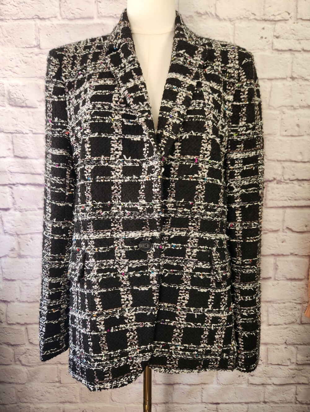 Argent Blazer Single Button in Plaid Metallic black & white Tweed Size 14